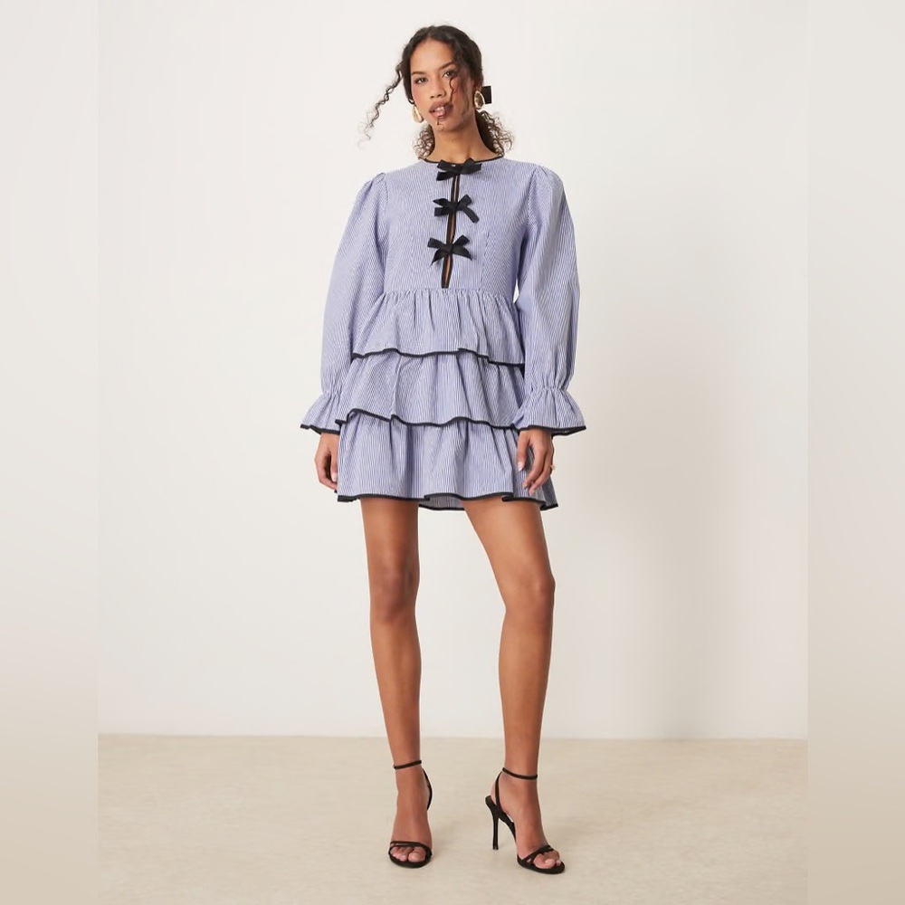 Sister Jane Contrast Bow Striped Mini Dress In Blue.